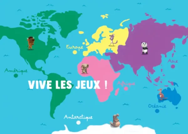 Carte du monde des animaux. Découvrez les exploits des animaux athlètes dans ce kamishibaï "Vive les jeux" ! Un livre pour petits et grands amateurs de sport.