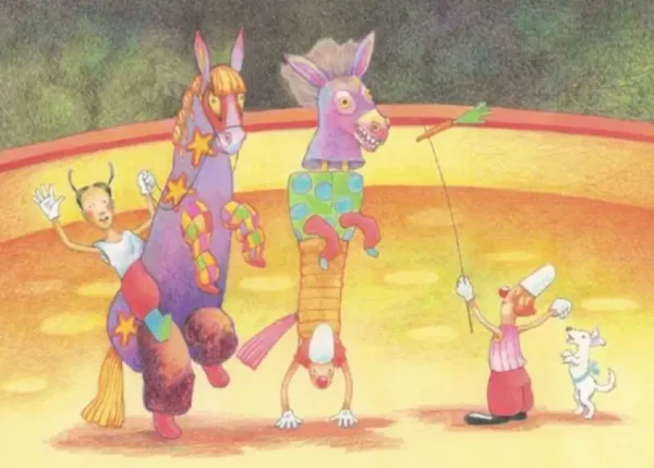 Dans cette illustration, une petite fille déguisée joue dans un cirque avec un cheval, deux clowns et un chien tout mignon.