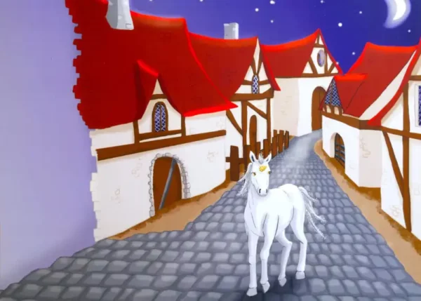 Kamishibaï Petite Corne : un livre pour enfant sur l'amour et l'interdit. Une licorne découvre le monde humain et sa magie.
