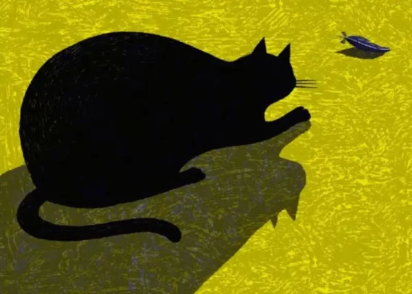 Le duel de la plume ! Acheter ce kamishibaï pour l'enfant et découvrir une histoire fascinante où la poésie et l'écriture luttent contre l'instinct du chat.