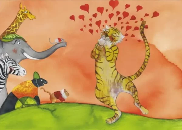 Jalousie sous le chapiteau ! Ce kamishibaï raconte l'histoire d'un tigre amoureux de sa dompteuse qui doit se débarrasser de ses rivaux. Un spectacle de cirque plein d'humour.