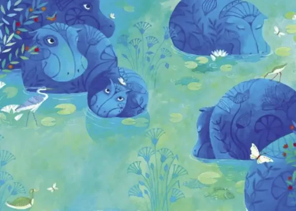 Ce butaï raconte l'Égypte antique ! L'enfant suit l'hippopotame bleu qui part à la recherche des siens, au-delà des pyramides. Une histoire d'art et de voyage.