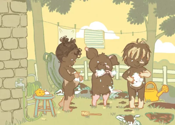 Les cochons de la ferme doivent se laver ! Une histoire kamishibai sur l'hygiène et la toilette pour les enfants.