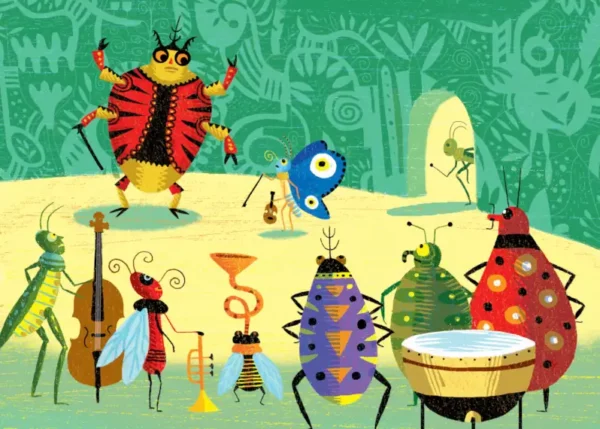 Insectes musiciens au concert ! Ce kamishibaï met en scène une sauterelle et un papillon pour une histoire d'instrument et de musique.