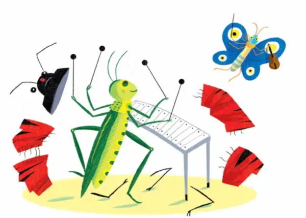 Un papillon au violon ! Ce kamishibaï raconte l'histoire d'insectes qui se battent pour leur instrument et un concert réussi.