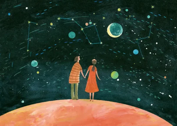 Deux enfants regardent la nuit et les étoiles dans le kamichibai oiseaux de nuit de Callicéphale