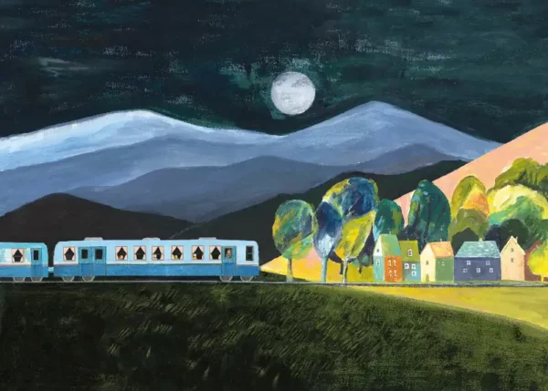 Un joli paysage nocturne dans le kamichibaï Oiseau de nuit, à lire dans un butaïi en bois