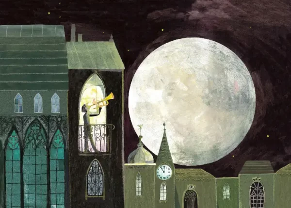 Oiseaux de nuit, une histoire qui fait fuir la peur du noir. Ce kamishibai aide à mieux dormir grâce à son graphisme poétique.