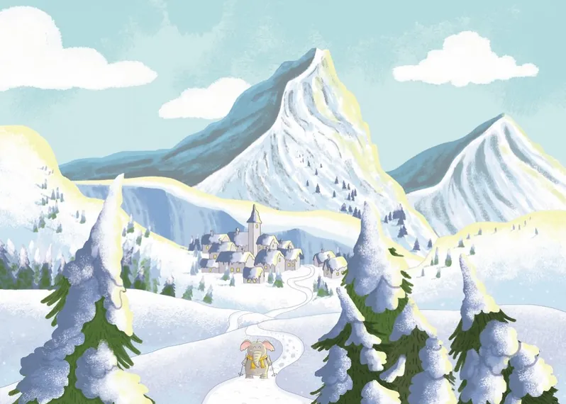 Fanfan l'éléphant découvre le monde blanc ! Ce kami sur la neige et le ski favorise l'imagination de l'enfant lors d'un temps calme.